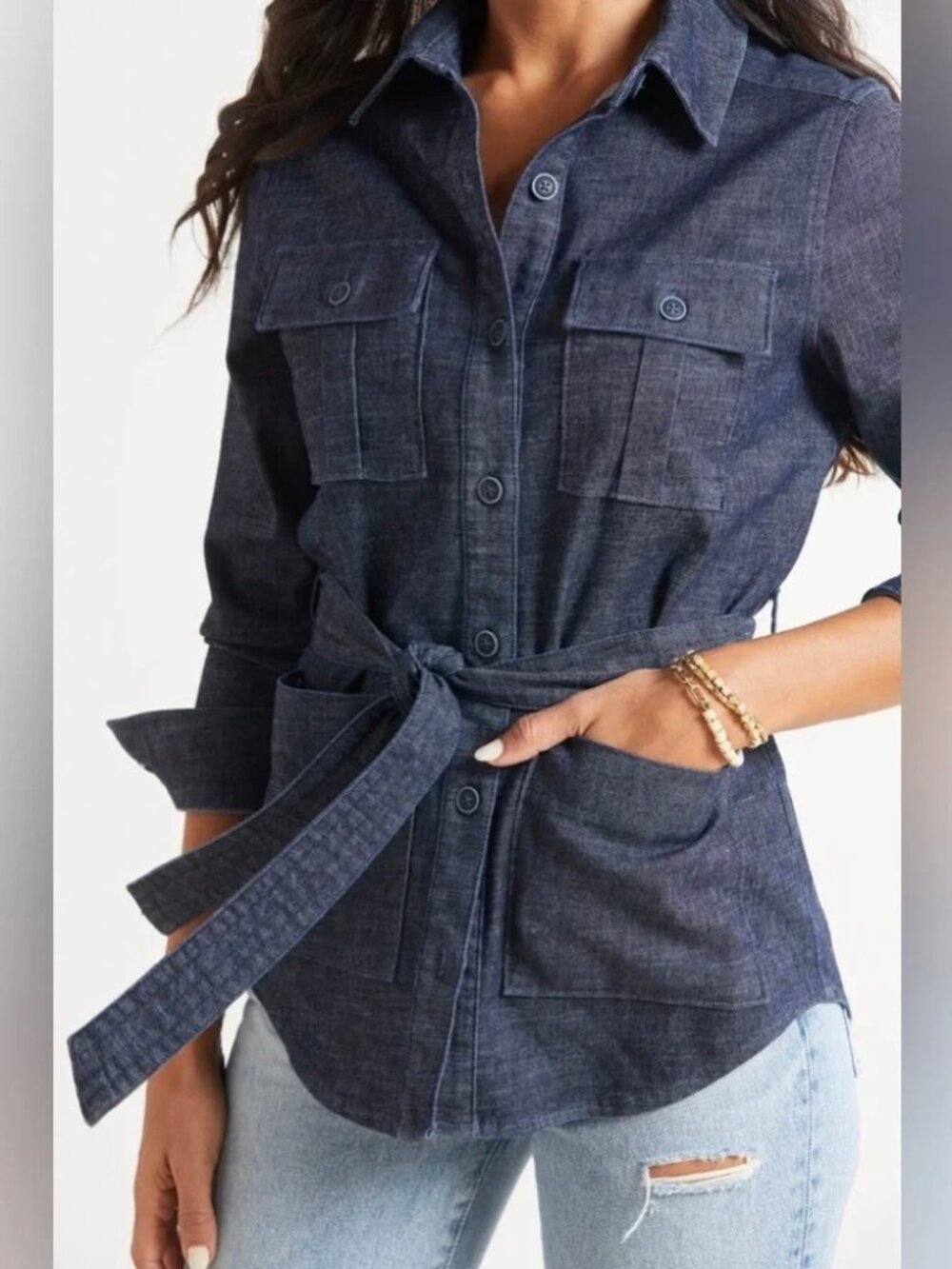 Anthropologie Level 99 Denim Belted Shacket - Picture 2 of 9